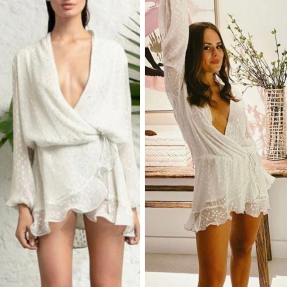 Rococo Sand Elna White & Silver Metallic Long Sleeve V-Neck Mini Dress NWT XS